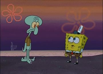 SpongeBob enthusiastically hands Squidward a pencil across a desk